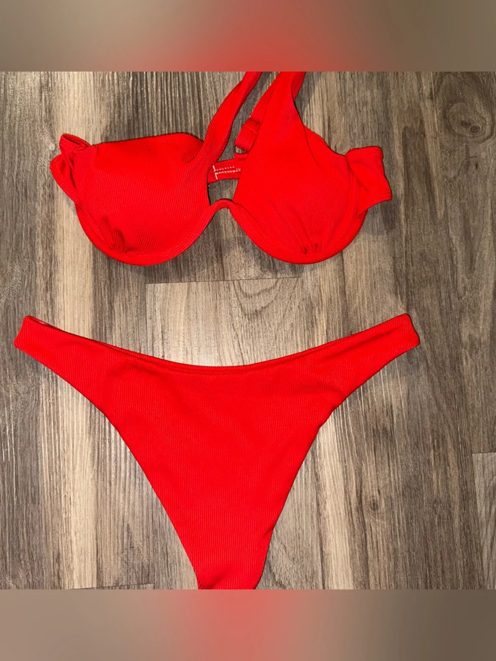 SHEIN Neon Red Bikini‎ Set Ribbed One Shoulder Medium